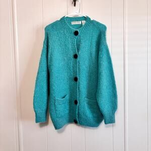 Vintage Fenn Wright And Manson 80s Mohair Wool Vibrant Retro Teal Button up Smal